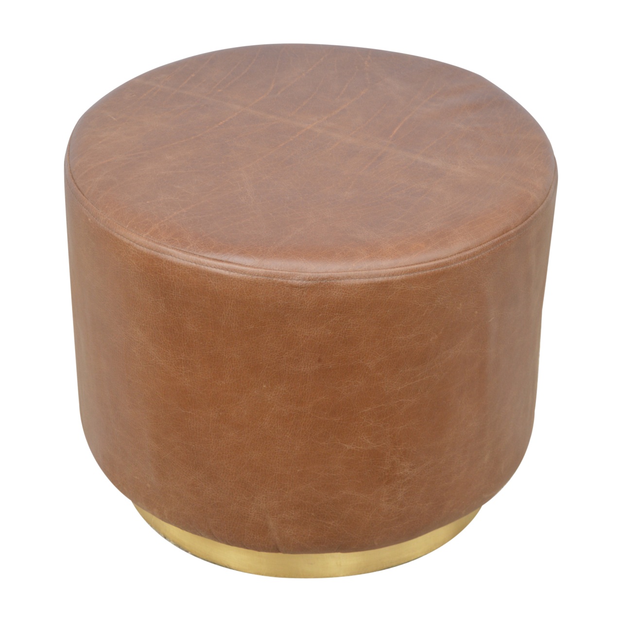 Solid Mango Wood Brown Buffalo Leather Footstool with Gold Painted Base Large Footstool - Image 3