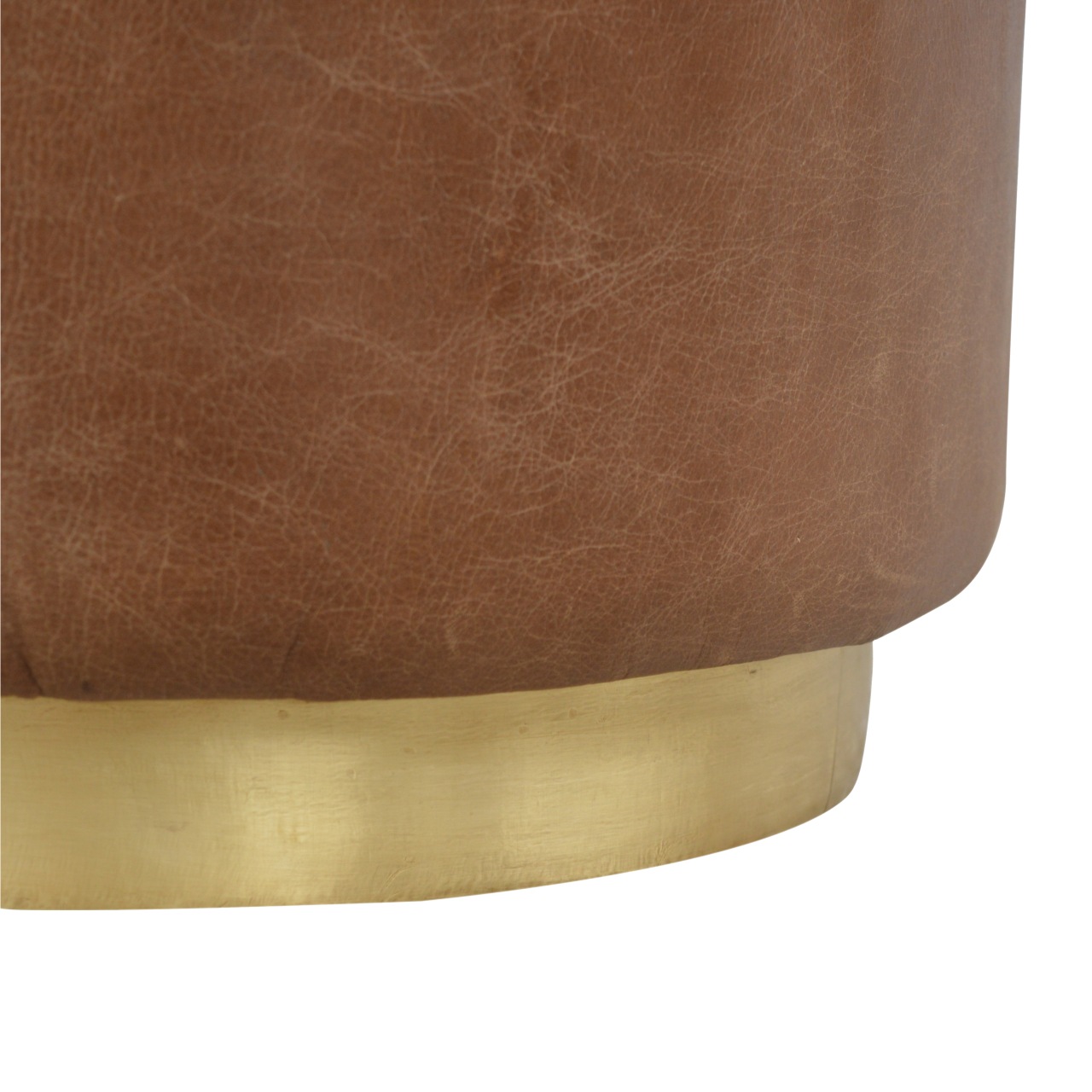 Solid Mango Wood Brown Buffalo Leather Footstool with Gold Painted Base Large Footstool - Image 5