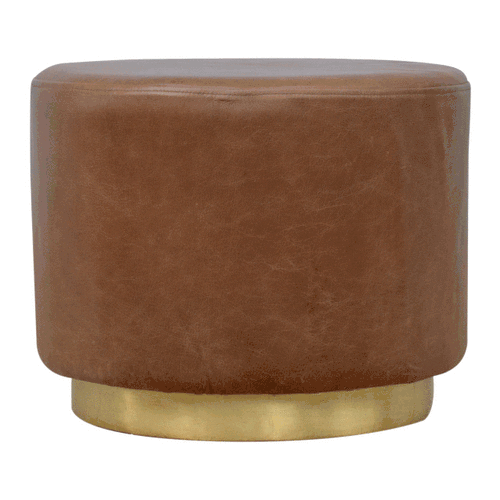 Solid Mango Wood Brown Buffalo Leather Footstool with Gold Painted Base Large Footstool