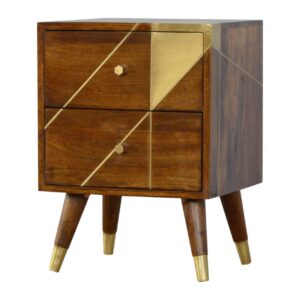 Solid Chestnut Finished Mango Wood Two Drawer Geometric Brass Cabinet1