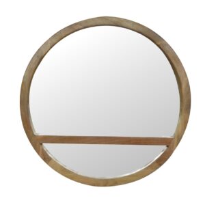 Solid Mango Wood Frame Round Mirror with 1 Shelf
