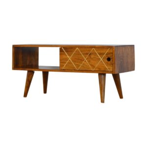Solid Mango Wood Brass Inlay Chestnut Finished Sliding Door Scandinavian Legs Media Unit