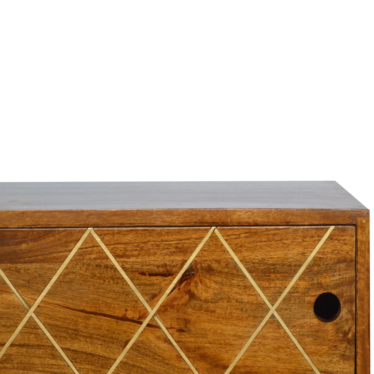 Solid Mango Wood Brass Inlay Chestnut Finished Sliding Door Scandinavian Legs Media Unit - Image 5