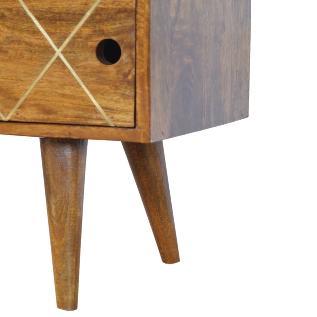 Solid Mango Wood Brass Inlay Chestnut Finished Sliding Door Scandinavian Legs Media Unit - Image 3
