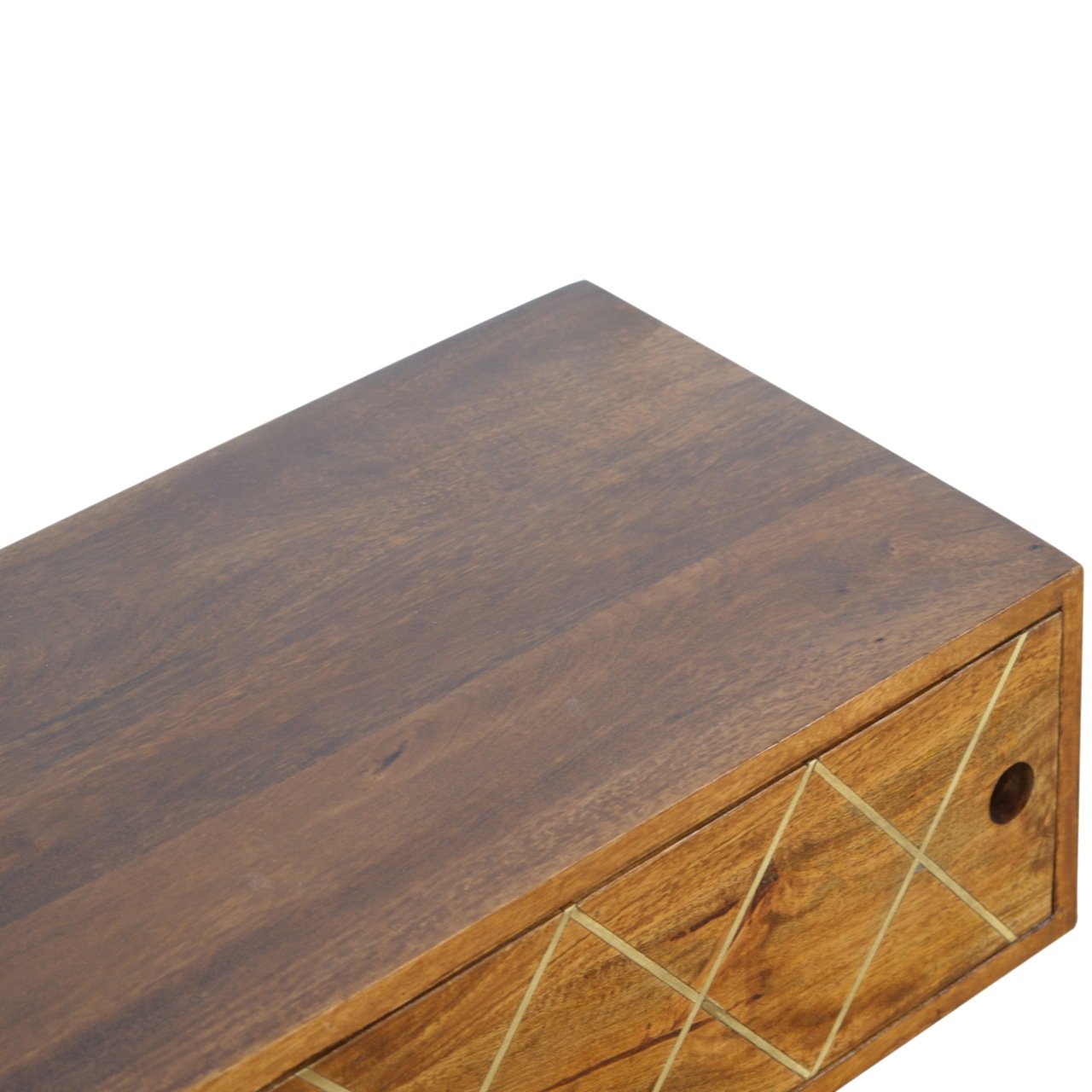 Solid Mango Wood Brass Inlay Chestnut Finished Sliding Door Scandinavian Legs Media Unit - Image 6