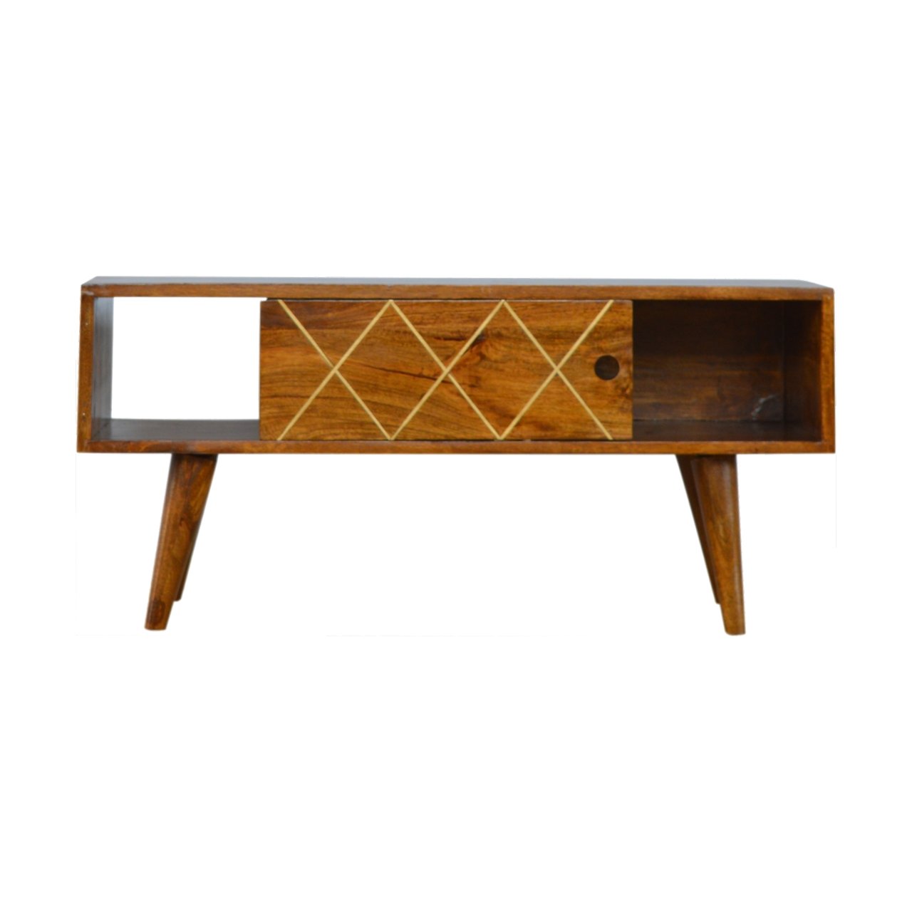 Solid Mango Wood Brass Inlay Chestnut Finished Sliding Door Scandinavian Legs Media Unit - Image 4