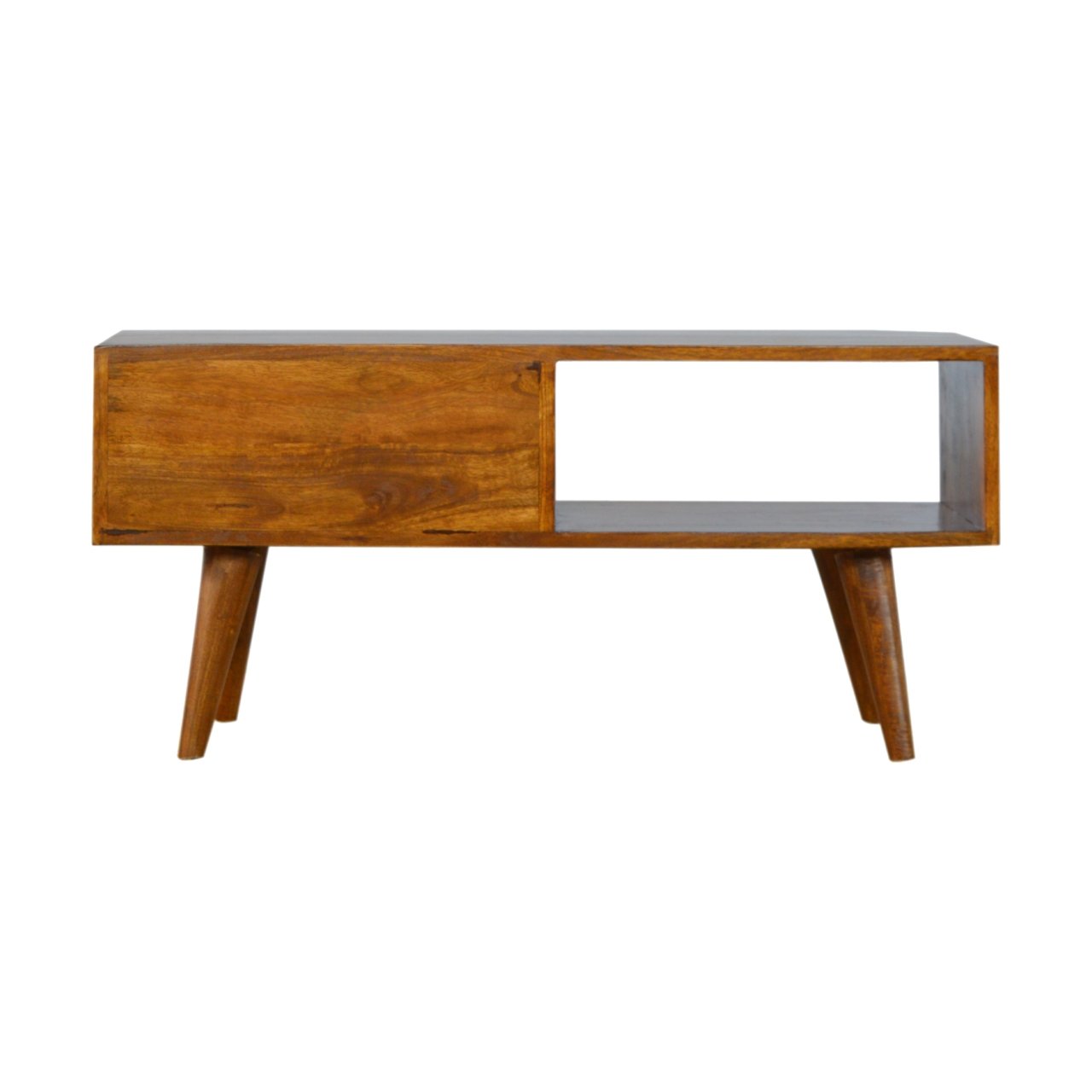 Solid Mango Wood Brass Inlay Chestnut Finished Sliding Door Scandinavian Legs Media Unit - Image 8