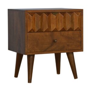 Solid Mango Wood Chestnut Finished Bedside with 2 Drawers & Carved Drawer Front