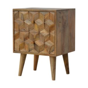 Solid Mango Wood Oak Finished Cube Carved 2 Drawer Bedside