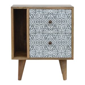 Solid Mango Wood Artea Porcelain Pattern 2 Drawer 1 Slot Mini Cabinet