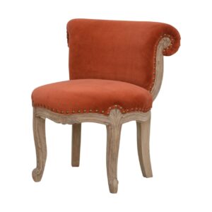 Solid Mango Wood Brick Red Velvet Studded Chair with Cabriole Legs
