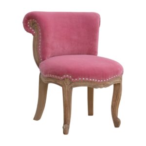 Solid Mango Wood Pink Velvet Studded Chair with Cabriole Legs
