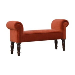 Solid Mango Wood Walnut Finished Rust Velvet Walnut Turned Feet Bench
