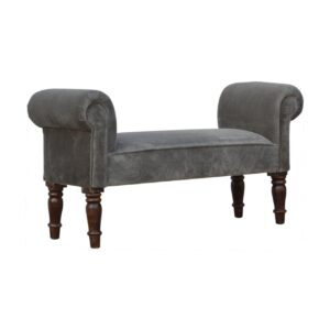 Solid Mango Wood Walnut Finished Grey Velvet Turned Feet Bench