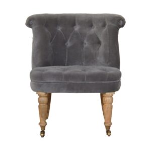 Solid Mango Oak Finished Wood Legs Grey Cotton Velvet Upholstered Deep Button Accent Chair