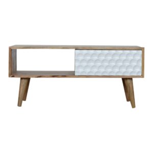 Solid Mango Wood Oak Finished Honeycomb Carved Sliding Door Media Unit