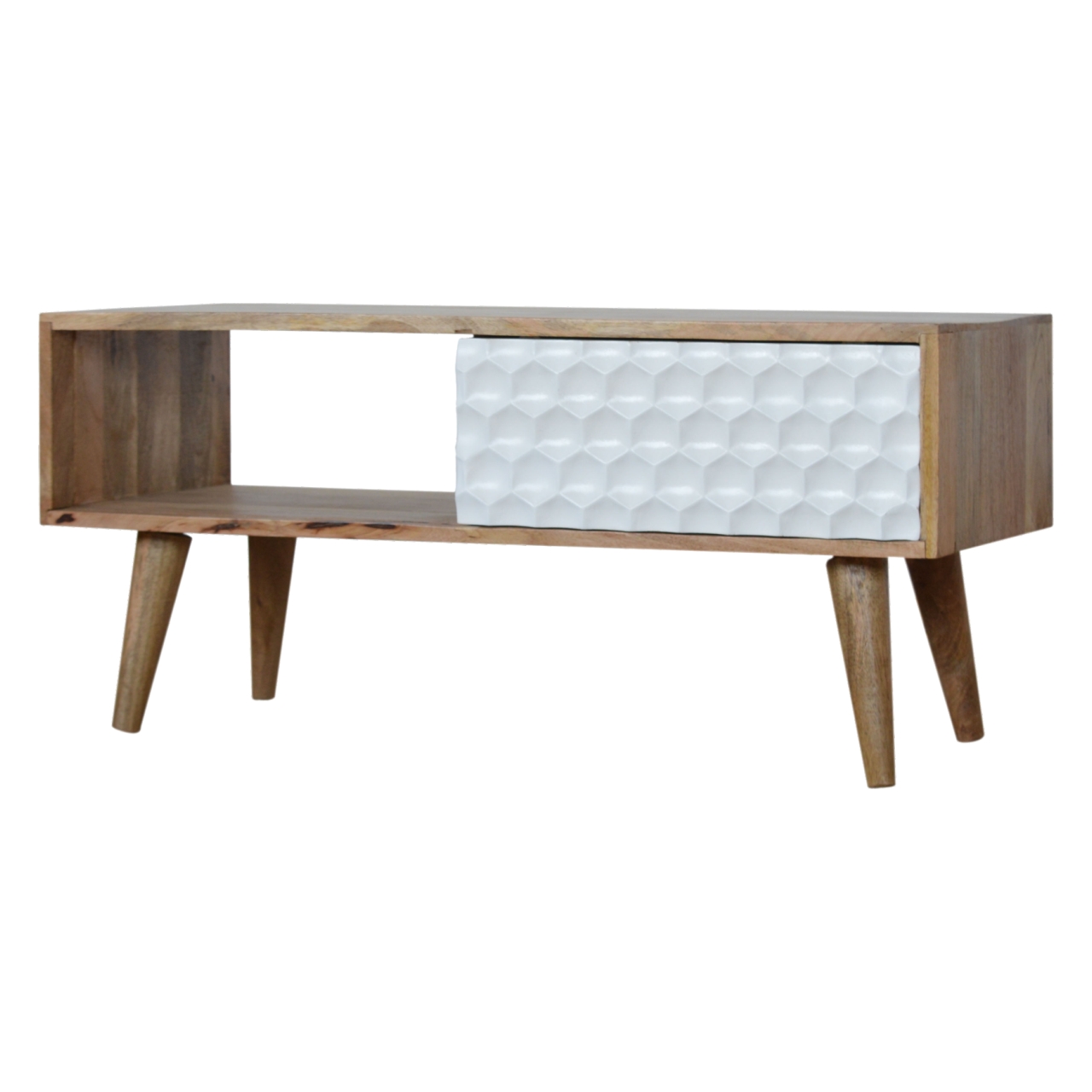Solid Mango Wood Oak Finished Honeycomb Carved Sliding Door Media Unit - Image 2