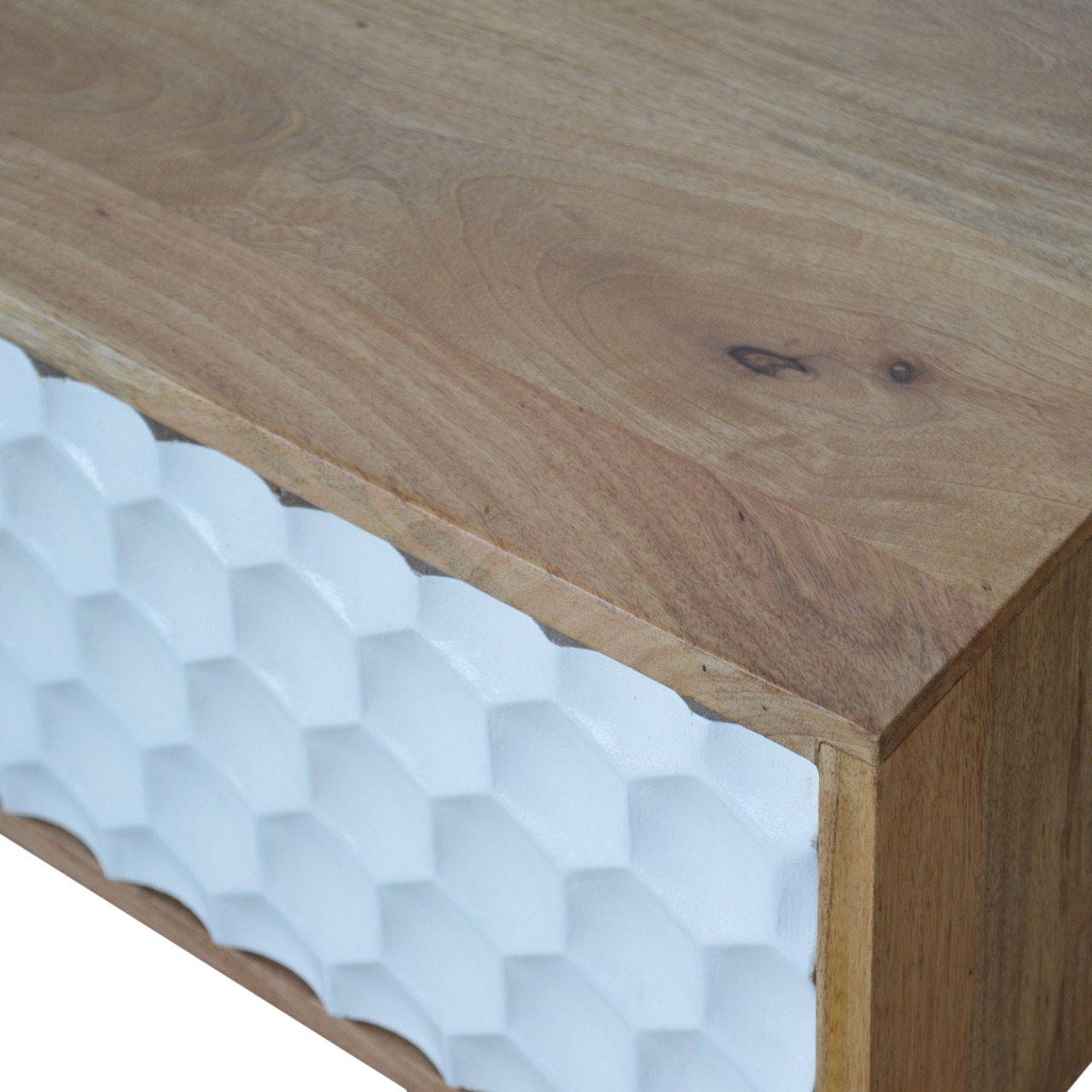 Solid Mango Wood Oak Finished Honeycomb Carved Sliding Door Media Unit - Image 5