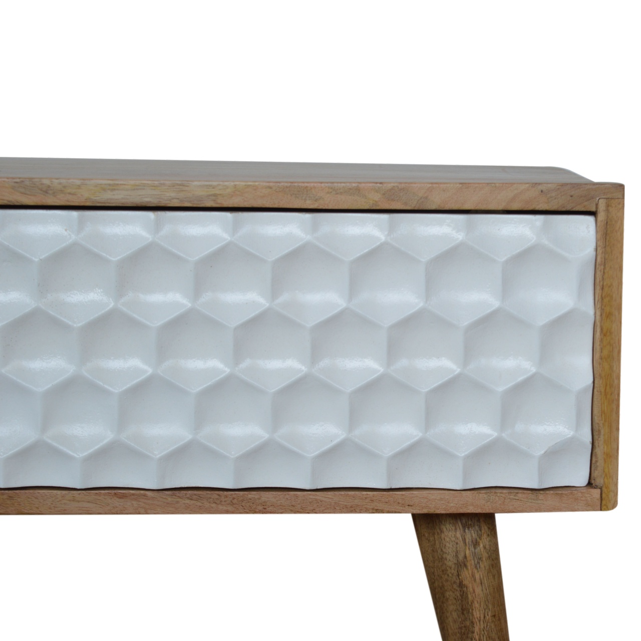 Solid Mango Wood Oak Finished Honeycomb Carved Sliding Door Media Unit - Image 6