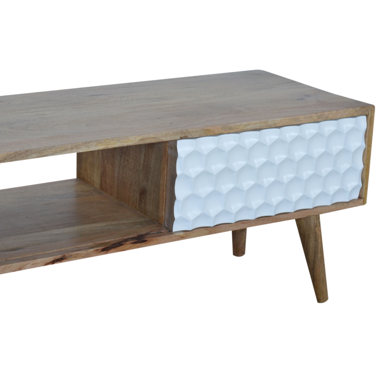 Solid Mango Wood Oak Finished Honeycomb Carved Sliding Door Media Unit - Image 7