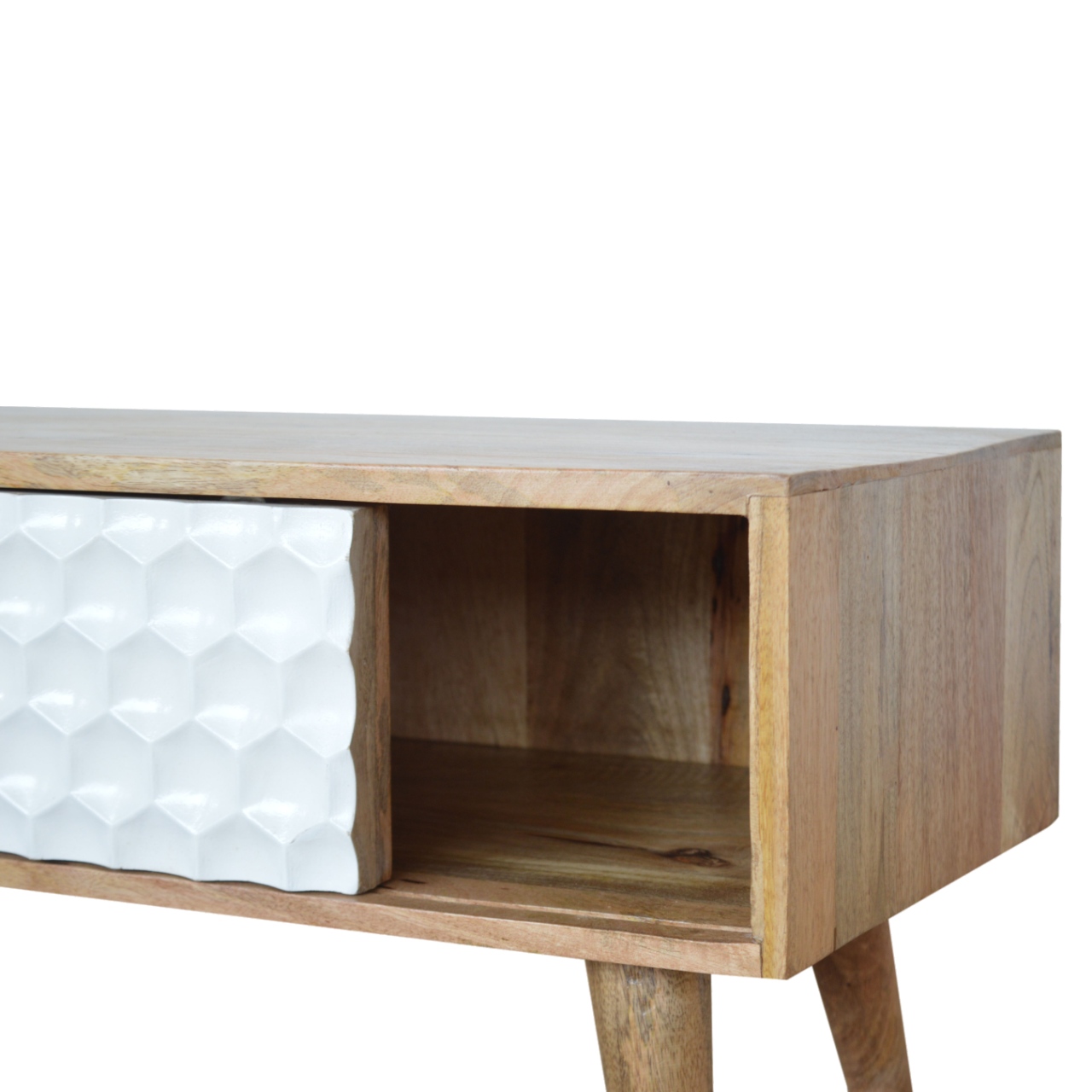 Solid Mango Wood Oak Finished Honeycomb Carved Sliding Door Media Unit - Image 3