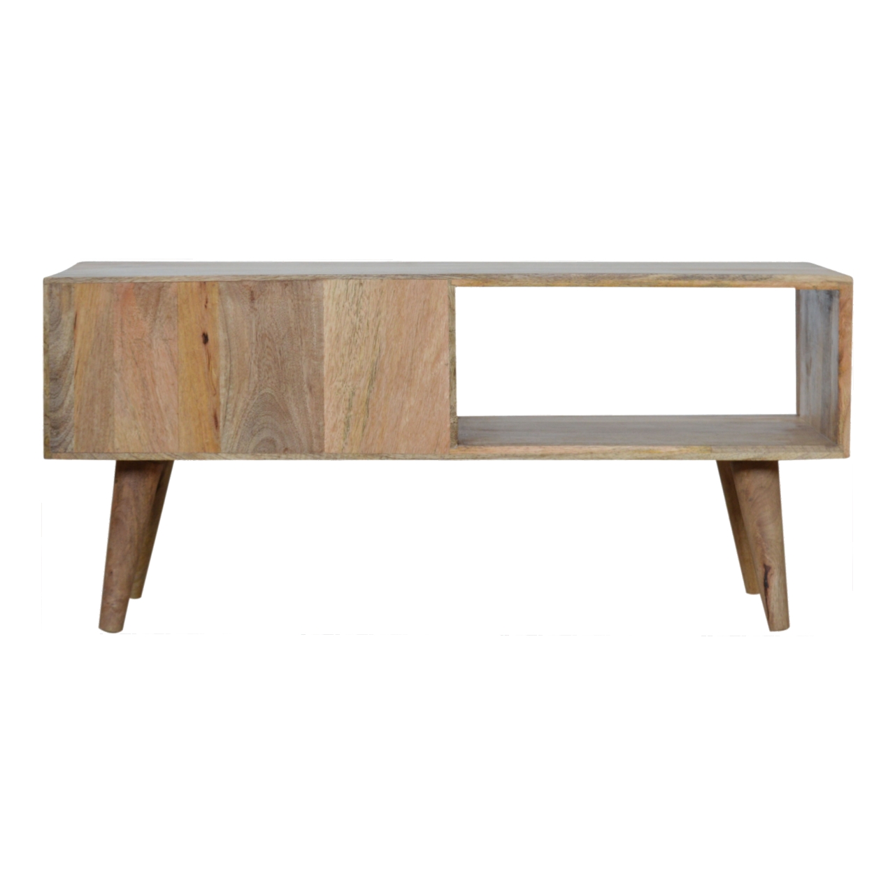 Solid Mango Wood Oak Finished Honeycomb Carved Sliding Door Media Unit - Image 9