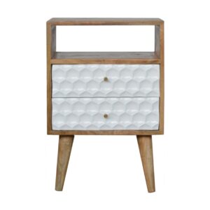 Solid Oak Finished Mango Wood Honeycomb Carved Scandinavian Style 1 Drawer 1 Slot Bedside