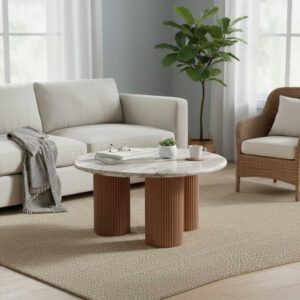 Ashford Round Marble Top with Wood Pedestal Coffee Table