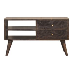 Solid Mango Wood Ash Black Natural Wood Grain Finished Cairo 2 Drawer 2 Slot Media Unit with Scandinavian Legs