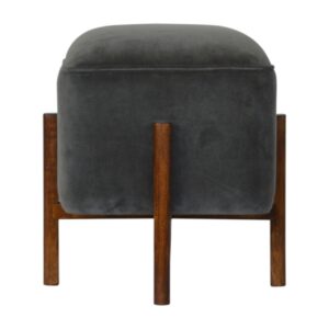 Solid Walnut Finished Mango Wood Grey Velvet Footstool