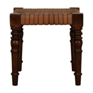 Solid Walnut Finished Mango Wood Leather Woven Stool with Turned Legs
