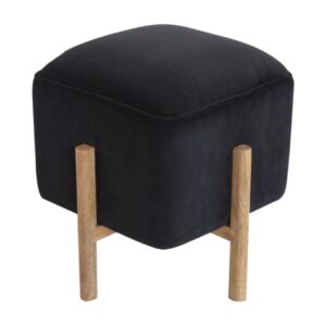 Solid Walnut Finished Mango Wood Black Velvet Footstool