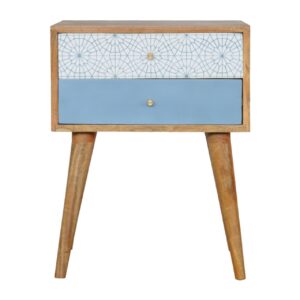 Solid Mango Wood Blue Patterned Bedside