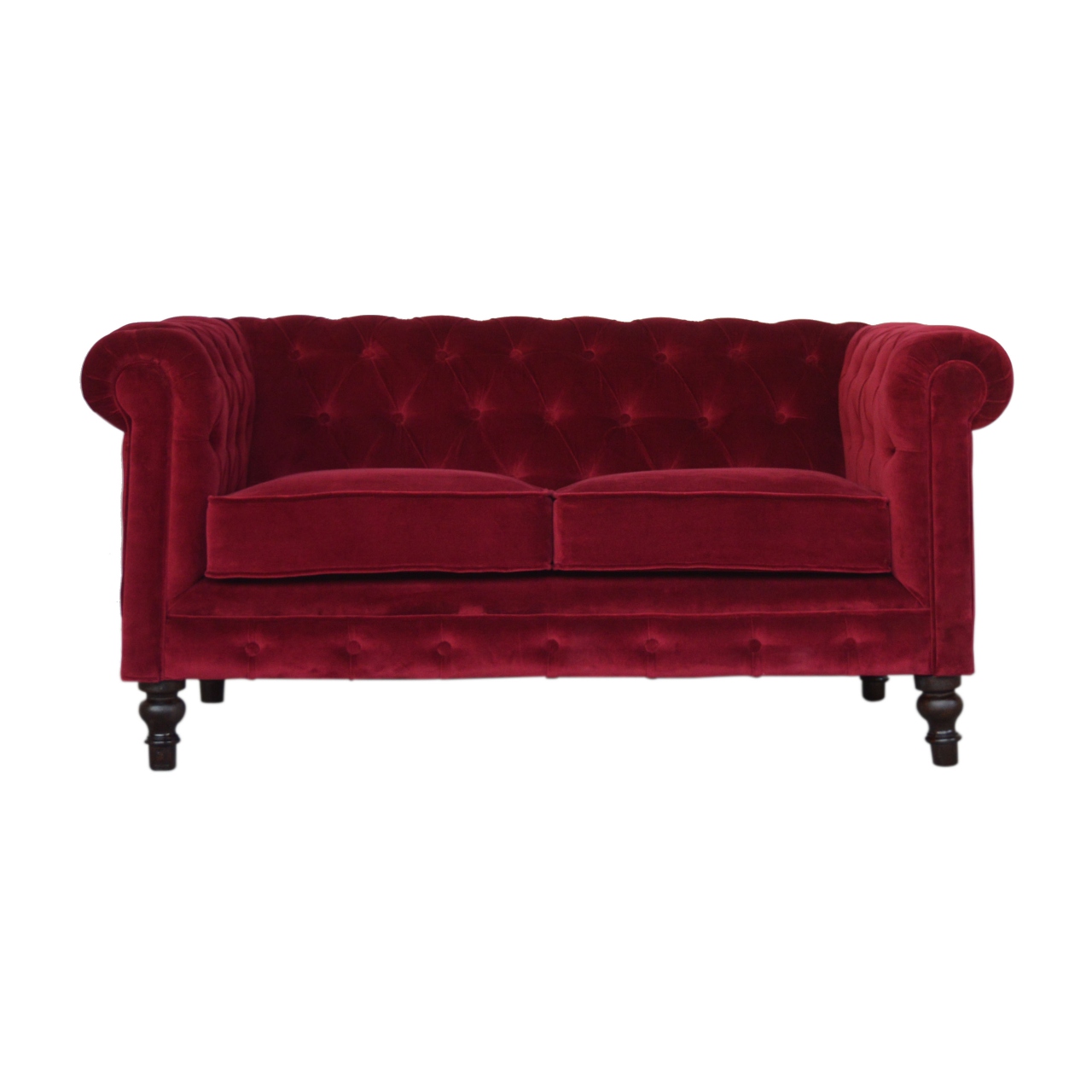 Solid Mango Wood Walnut Finished and Wine Red Cotton Velvet 2 Seater Chesterfield Sofa