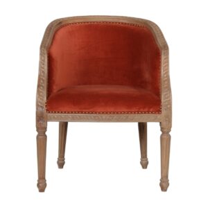 Solid Mango Wood N3 Oak Finished Wine Red Studded Cotton Velvet Bucket Chair