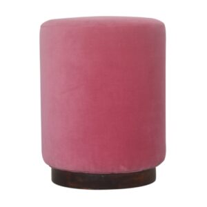 Solid Mango Wood Walnut Finished Pink Cotton Velvet Cylindrical Footstool with Wooden Base