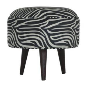 Solid Mango Wood Walnut Finished Zebra Patterned Scandinavian Style Footstool