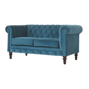 Solid Mango Wood Chestnut Finished 2 Seater Teal Cotton Velvet Deep Button Tufted Chesterfield Sofa