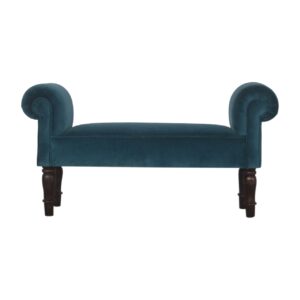 Solid Mango Wood Walnut Stained Teal Velvet Bench with Turned Feet
