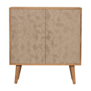 Solid Mango Wood Oak Finished Champagne Cube Design 2 Shelf Acadia Cabinet with Scandinavian Legs