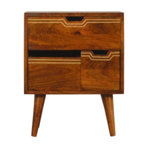 Solid Mango Wood Chestnut Finished Brass Inlaid 3 Removable Drawer Bedside with Scandinavian Legs