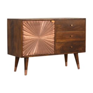 Solid Chestnut Finished Mango Wood Brass Plate Front 3 Drawer Cabinet with Scandinavian Legs