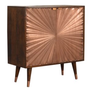 Solid Chestnut Finished Mango Wood Brass Plate Front 2 Door Cabinet with Scandinavian Legs