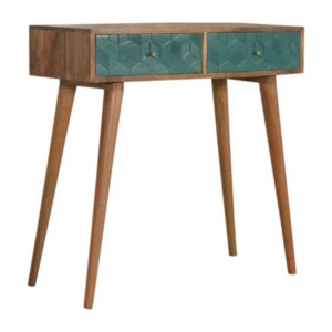 Solid Mango Wood Oak Finished Teal Painted 2 Drawer Console Table