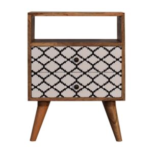 Solid Oak Finished Black and White Screen Printed Stella Mango Wood 2 Drawer Bedside