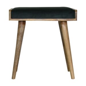 Solid Oak Finished Mango Wood Scandinavian Style Emerald Green Velvet Tray Footstool