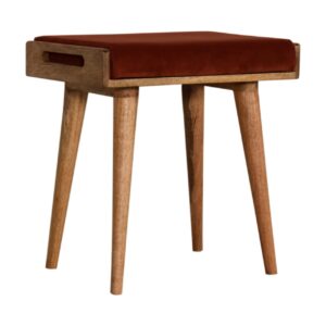 Solid Oak Finished Mango Wood Scandinavian Style Brick Red Velvet Tray Footstool