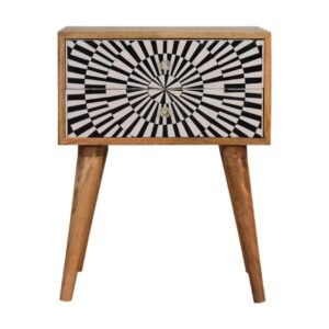 Solid Mango Wood Oak Finished Black and White Screen Printed Two Drawer Bedside Table/Cabinet