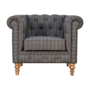 Solid Mango Wood Pewter Tweed Chesterfield Armchair