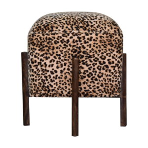 Solid Walnut Finished Mango Wood Leopard Printed Velvet Footstool